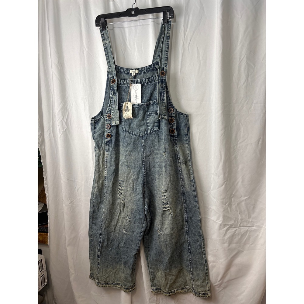 Easel Acid Wash Distressed Wide Leg Denim Overalls EB40341 Blue Womens Medium